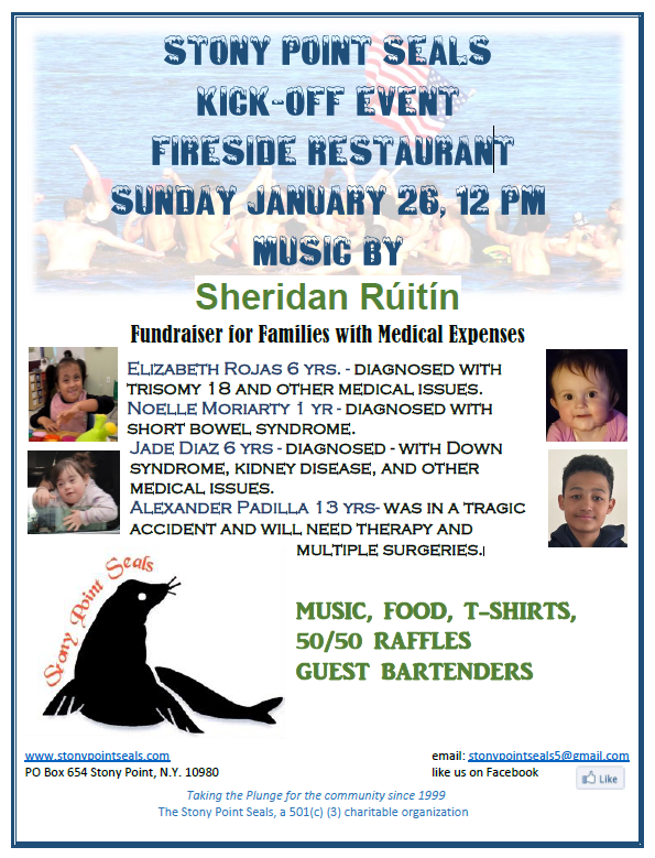 Poster for the Stony Point Seals Kickoff Event on Sunday January 26th at 12 pm

Proceeds for four children with serious medical conditions.

MUSIC, FOOD, T-SHIRTS,
50/50 RAFFLES
GUEST BARTENDERS